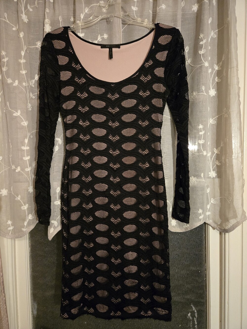 BCBG Black Openwork Long Sleeve Bodycon Dress with Nude Lining